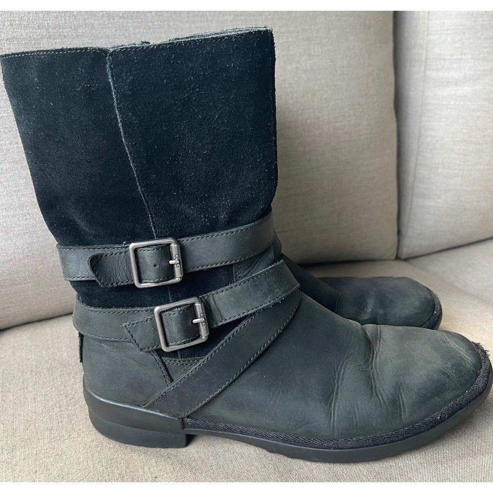 UGG Womens 8 Lorna Moto Buckle Boots Black Leather Suede Waterproof 1095155